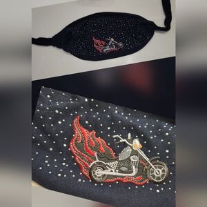 Biker-style wide headband featuring bling and motorcycle flame design. Dark Blue